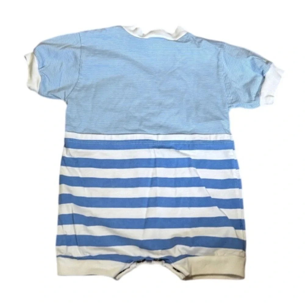 Vintage Doe Spun Baby Boy Nautical Sailor Bear Striped Romper Blue 3-6 Months